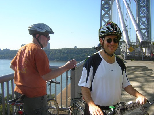 Larry and Scott Biking on the GWB on Columbus Day 2008